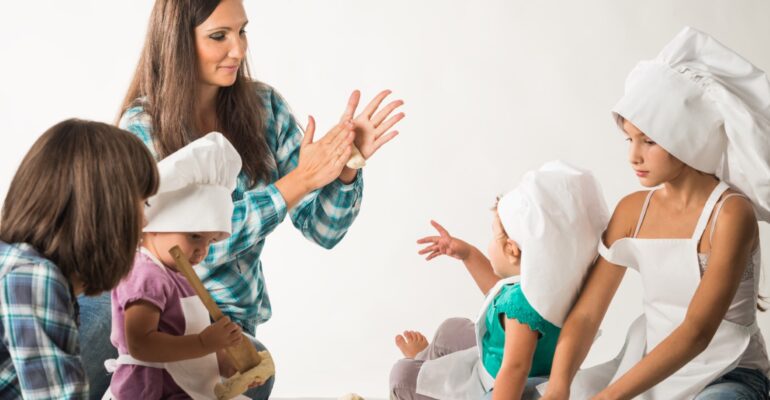 Charming young mother shows a master class